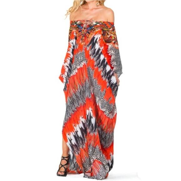 Shahida Parides Nomad Kaftan feather print Lisa Rinna Real Housewives OS One Sz - Picture 15 of 16